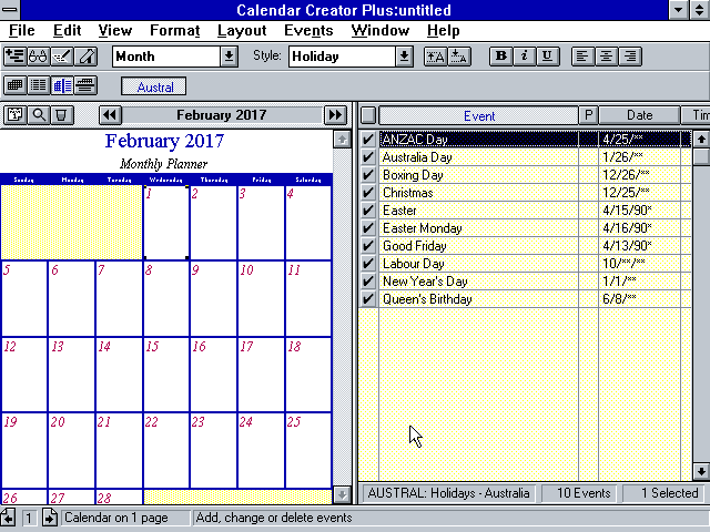 Calendar Creator Plus 2.0 for Windows - Edit